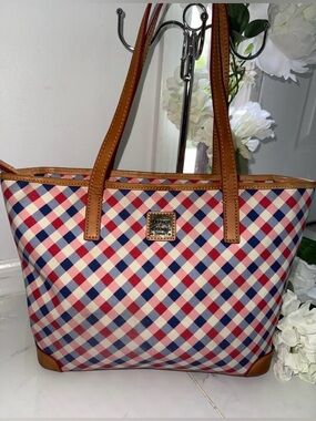 Dooney & Bourke Red Navy Check Tote with Tan Leather Trim